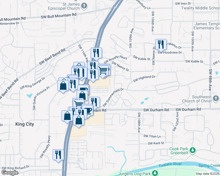 map of restaurants, bars, coffee shops, grocery stores, and more near 15655 Southwest 114th Court in Tigard