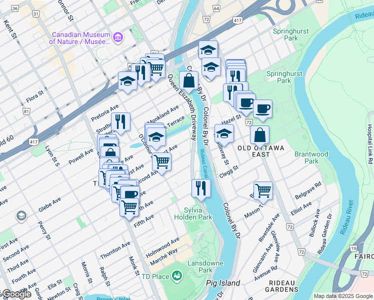 map of restaurants, bars, coffee shops, grocery stores, and more near 1 Second Avenue in Ottawa