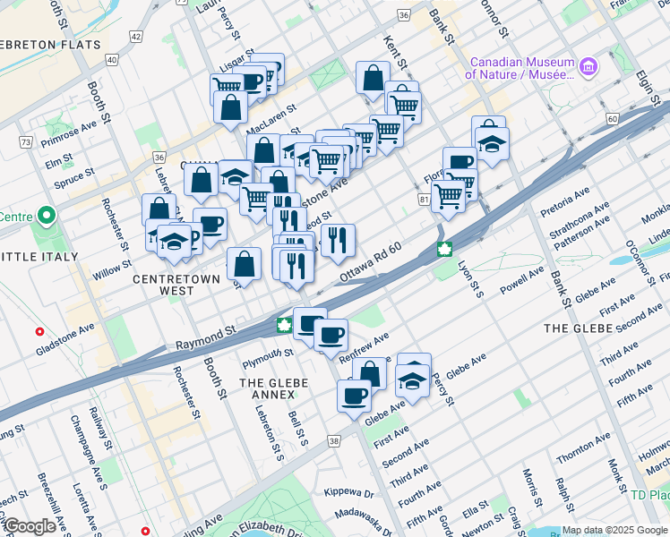 map of restaurants, bars, coffee shops, grocery stores, and more near 453 Ottawa Road 60 in Ottawa