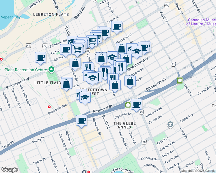 map of restaurants, bars, coffee shops, grocery stores, and more near 777 Gladstone Avenue in Ottawa