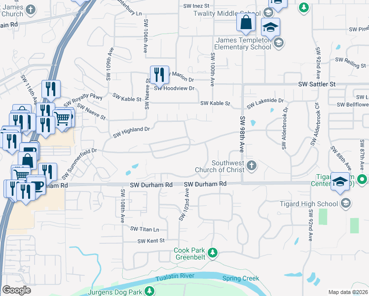map of restaurants, bars, coffee shops, grocery stores, and more near 15745 Southwest Greens Way in Tigard