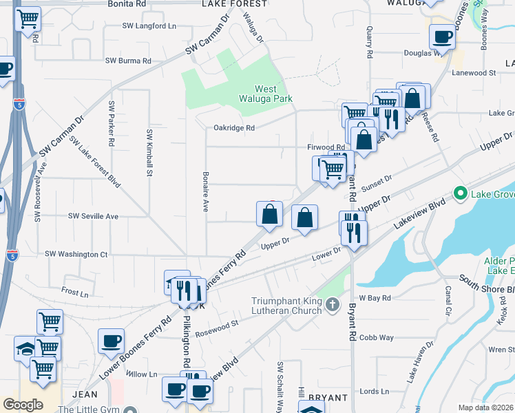 map of restaurants, bars, coffee shops, grocery stores, and more near 5079 West Sunset Drive in Lake Oswego