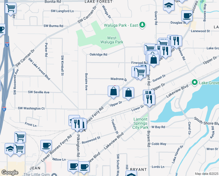 map of restaurants, bars, coffee shops, grocery stores, and more near 5065 Sunset Drive in Lake Oswego