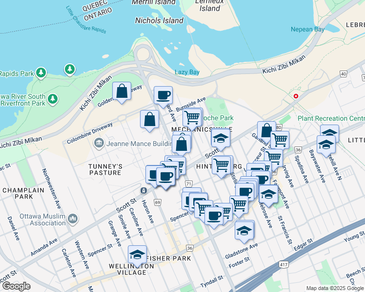 map of restaurants, bars, coffee shops, grocery stores, and more near 192 Forward Avenue in Ottawa
