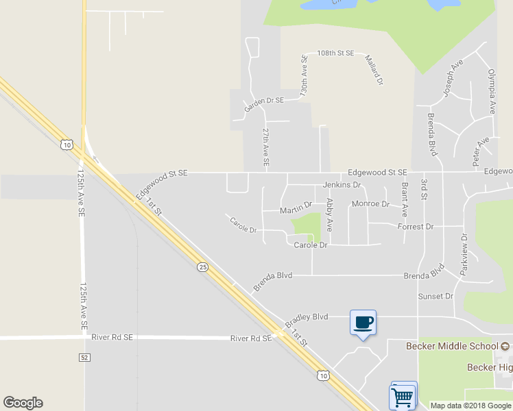 map of restaurants, bars, coffee shops, grocery stores, and more near 11254 Laura Circle in Becker