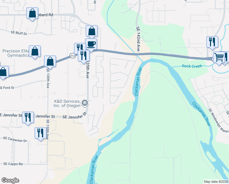 map of restaurants, bars, coffee shops, grocery stores, and more near 13900 Southeast Highway 212 in Clackamas