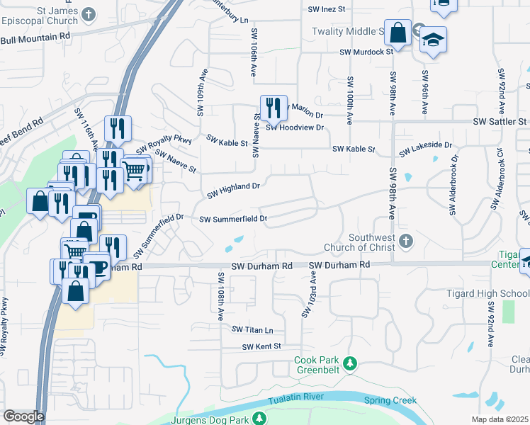 map of restaurants, bars, coffee shops, grocery stores, and more near 10525 Southwest Greenleaf Terrace in Tigard
