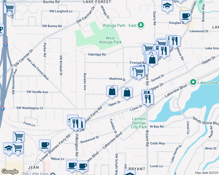 map of restaurants, bars, coffee shops, grocery stores, and more near 5065 West Sunset Drive in Lake Oswego