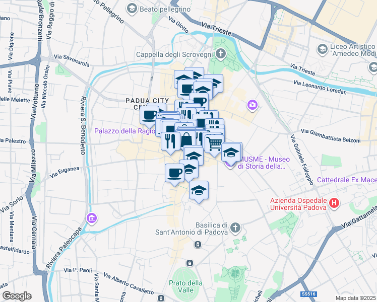 map of restaurants, bars, coffee shops, grocery stores, and more near in Padua