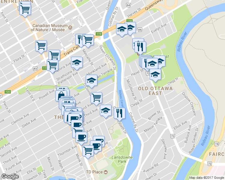map of restaurants, bars, coffee shops, grocery stores, and more near 1 Second Avenue in Ottawa