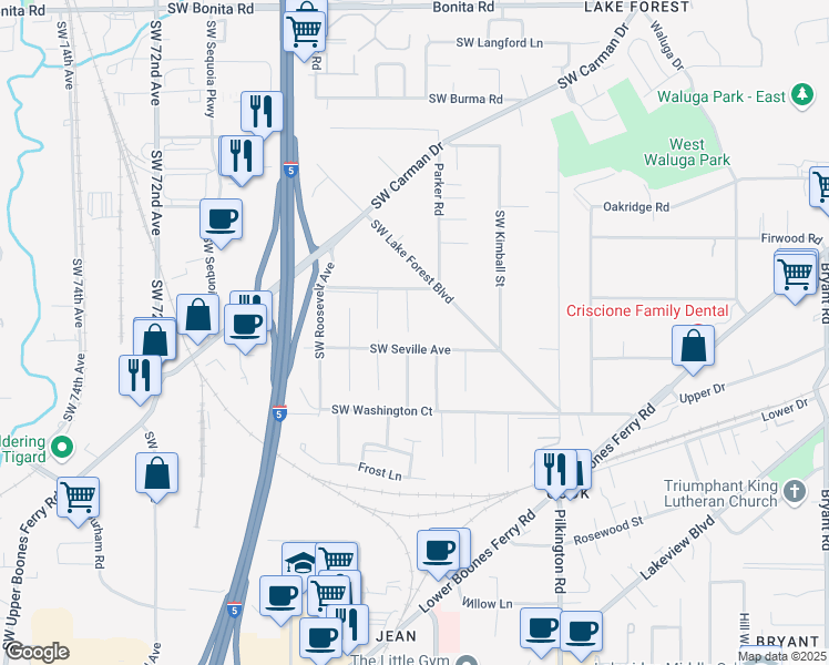 map of restaurants, bars, coffee shops, grocery stores, and more near 16532 Southwest Mellon Avenue in Lake Oswego