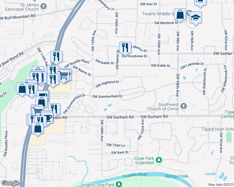 map of restaurants, bars, coffee shops, grocery stores, and more near 10525 Southwest Greenleaf Terrace in Tigard