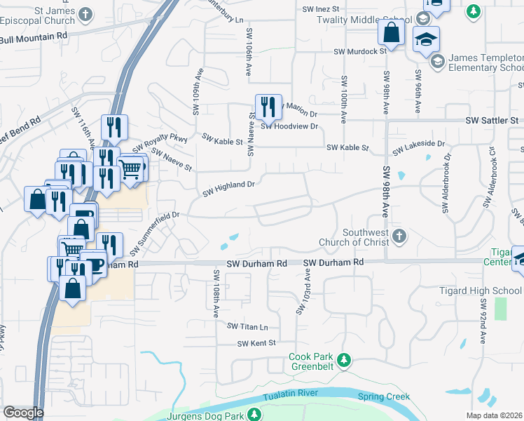 map of restaurants, bars, coffee shops, grocery stores, and more near 10440 Southwest Greenleaf Terrace in Tigard