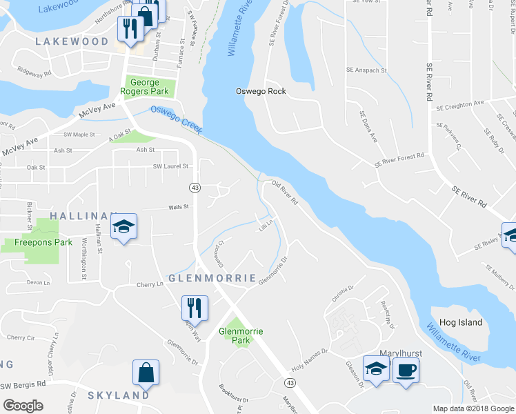 map of restaurants, bars, coffee shops, grocery stores, and more near 16342 Ivy Lane in Lake Oswego