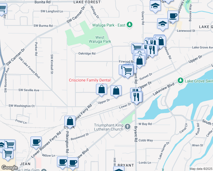map of restaurants, bars, coffee shops, grocery stores, and more near 16577 Boones Ferry Road in Lake Oswego