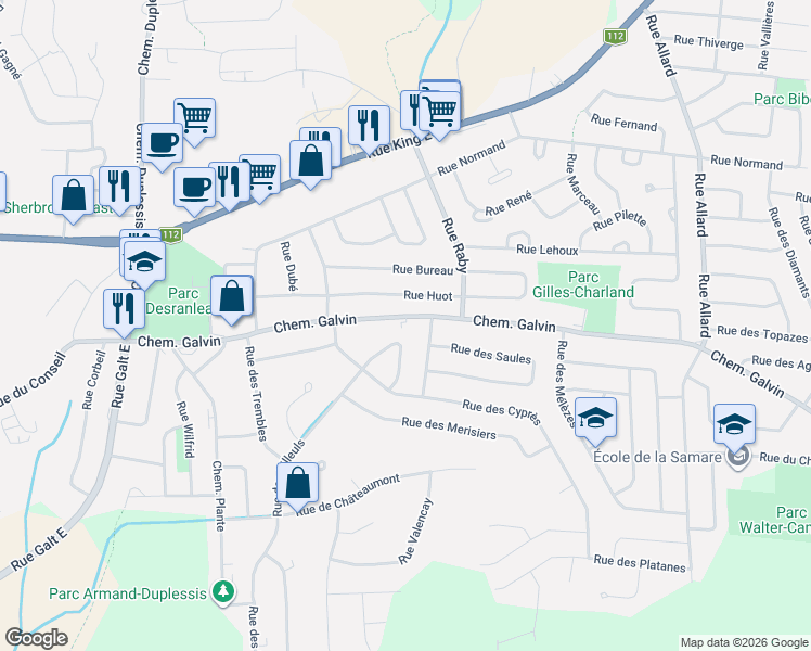 map of restaurants, bars, coffee shops, grocery stores, and more near 2180 Chemin Galvin in Sherbrooke
