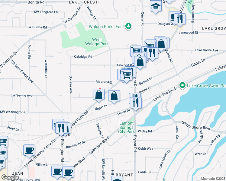 map of restaurants, bars, coffee shops, grocery stores, and more near 16524 Boones Ferry Road in Lake Oswego