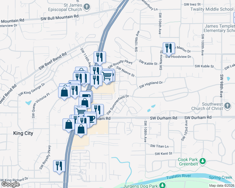 map of restaurants, bars, coffee shops, grocery stores, and more near 15655 Southwest 114th Court in Tigard