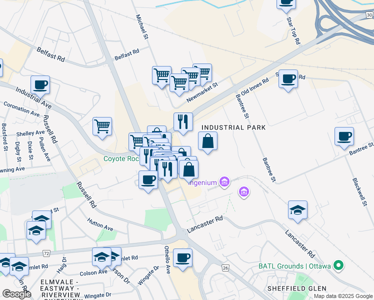 map of restaurants, bars, coffee shops, grocery stores, and more near 2212 Gladwin Crescent in Ottawa