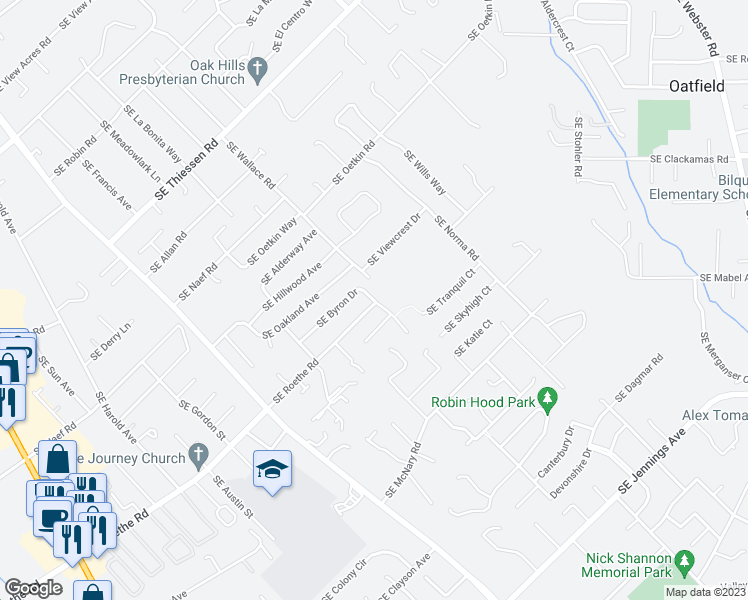 map of restaurants, bars, coffee shops, grocery stores, and more near 5624 Southeast Byron Drive in Portland