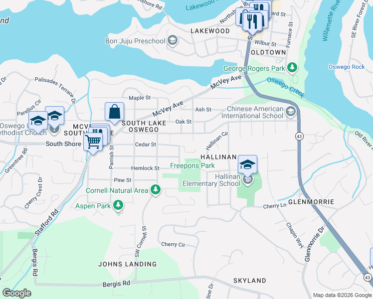 map of restaurants, bars, coffee shops, grocery stores, and more near 1002 Cedar Street in Lake Oswego