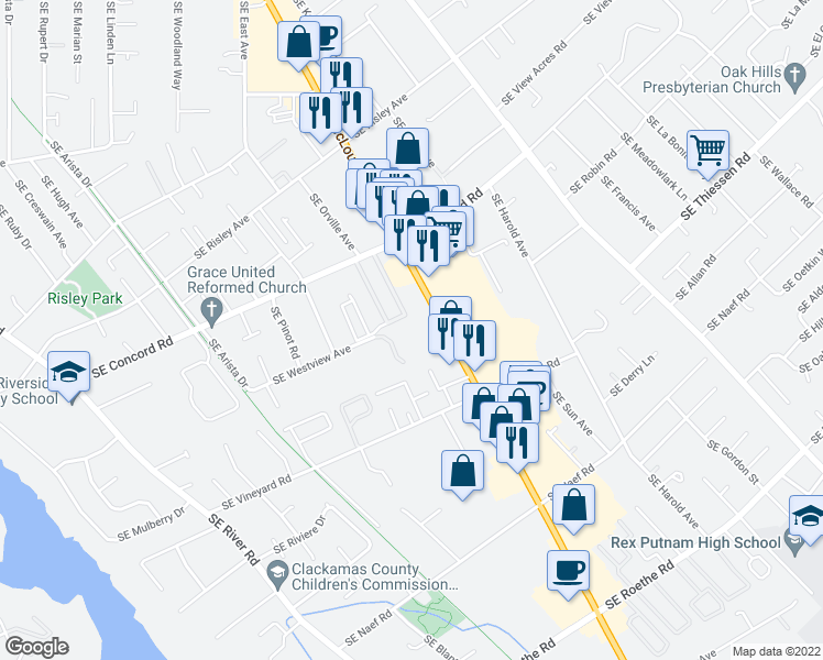 map of restaurants, bars, coffee shops, grocery stores, and more near 16031 Southeast McLoughlin Boulevard in Milwaukie