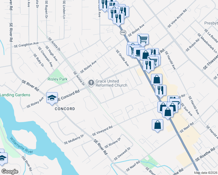 map of restaurants, bars, coffee shops, grocery stores, and more near 16073 Southeast Pinot Road in Milwaukie
