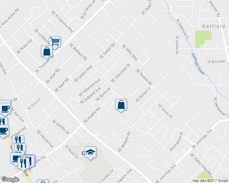 map of restaurants, bars, coffee shops, grocery stores, and more near 5621 Southeast Byron Drive in Portland