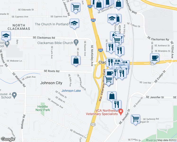 map of restaurants, bars, coffee shops, grocery stores, and more near 8695 Southeast Roots Road in Clackamas