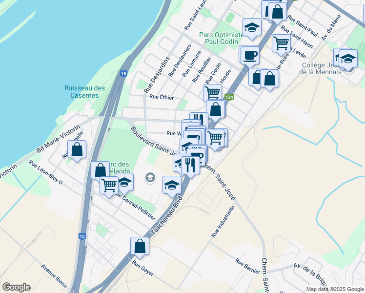 map of restaurants, bars, coffee shops, grocery stores, and more near 1025 Rue de la Commune in La Prairie