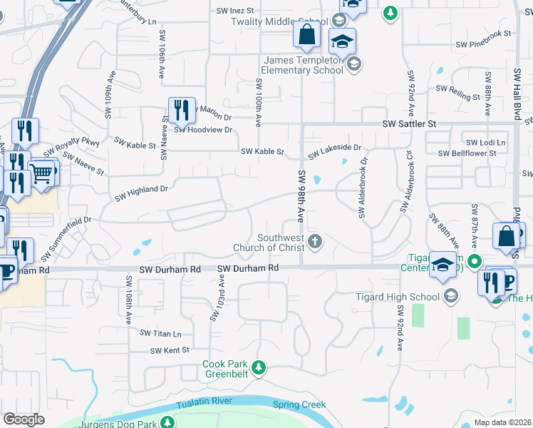 map of restaurants, bars, coffee shops, grocery stores, and more near 15729 Southwest Serena Court in Tigard