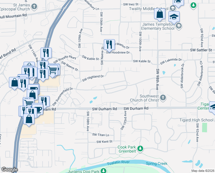 map of restaurants, bars, coffee shops, grocery stores, and more near 10525 Southwest Greenleaf Terrace in Tigard