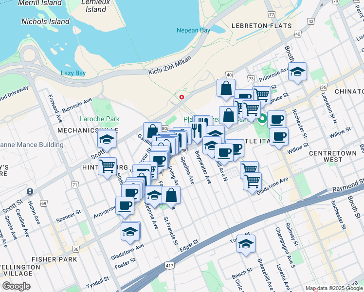 map of restaurants, bars, coffee shops, grocery stores, and more near in Ottawa
