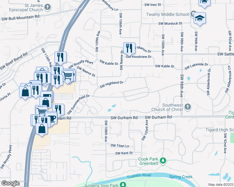 map of restaurants, bars, coffee shops, grocery stores, and more near 15630 Southwest Old Orchard Place in Tigard