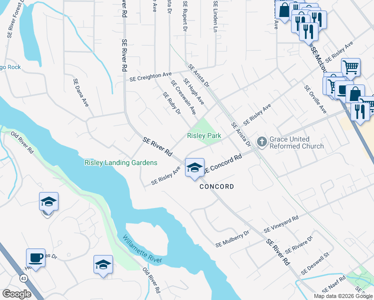 map of restaurants, bars, coffee shops, grocery stores, and more near 2315 Southeast Risley Avenue in Milwaukie