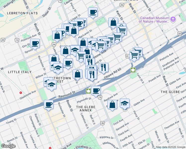 map of restaurants, bars, coffee shops, grocery stores, and more near 511 Bronson Avenue in Ottawa