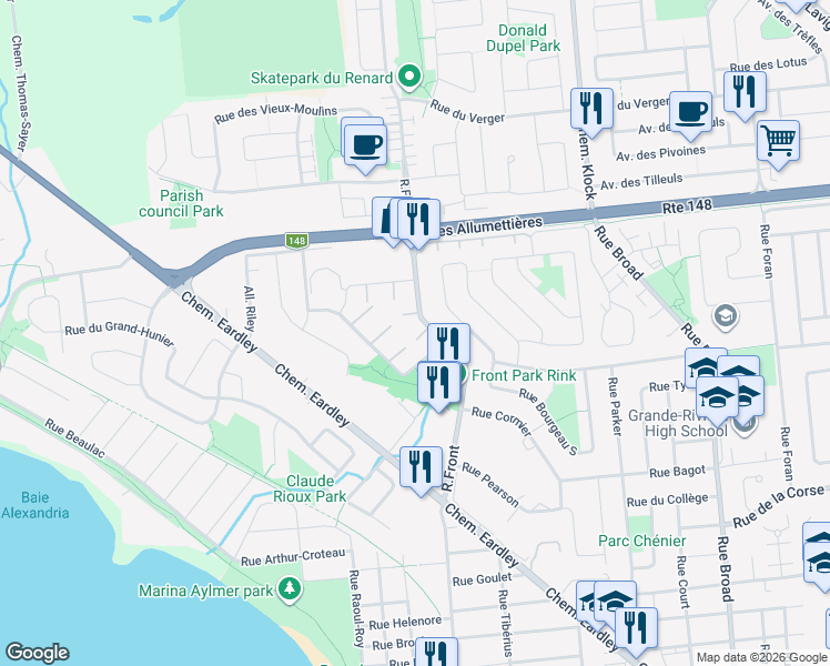 map of restaurants, bars, coffee shops, grocery stores, and more near 166 Rue de la Terrasse-Eardley in Gatineau