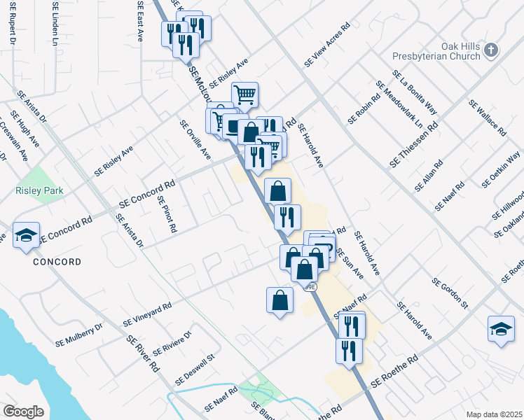 map of restaurants, bars, coffee shops, grocery stores, and more near 16065 Southeast McLoughlin Boulevard in Oak Grove