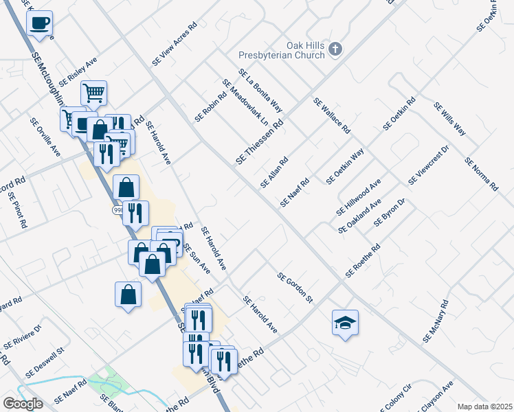 map of restaurants, bars, coffee shops, grocery stores, and more near 16121 Southeast Oatfield Road in Portland