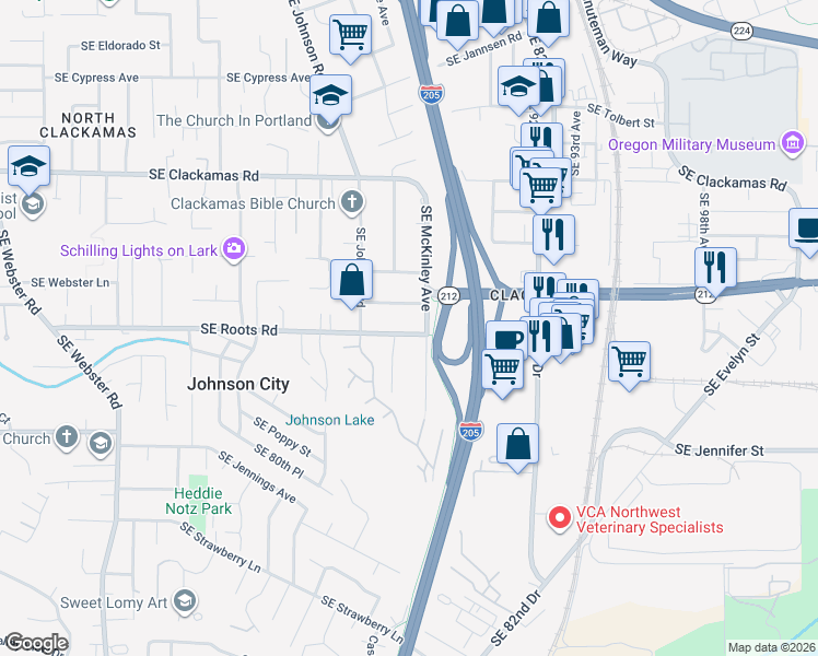 map of restaurants, bars, coffee shops, grocery stores, and more near 8695 Southeast Roots Road in Clackamas