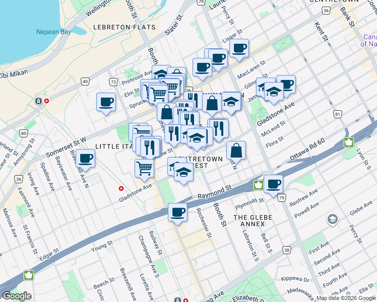 map of restaurants, bars, coffee shops, grocery stores, and more near 9 Balsam Street in Ottawa