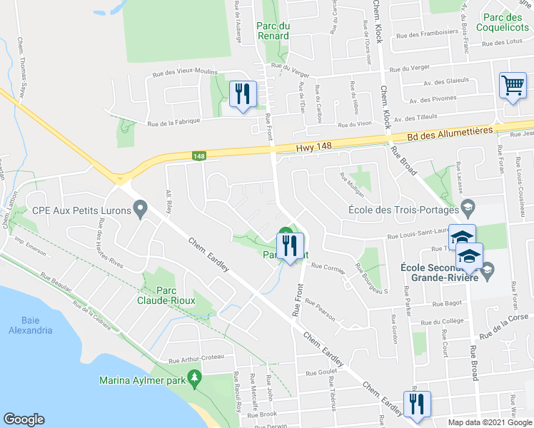 map of restaurants, bars, coffee shops, grocery stores, and more near 173 Rue de la Terrasse-Eardley in Gatineau