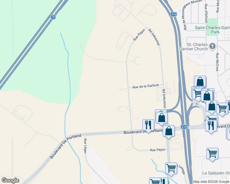 map of restaurants, bars, coffee shops, grocery stores, and more near 4271 Rue de la Garlock in Sherbrooke