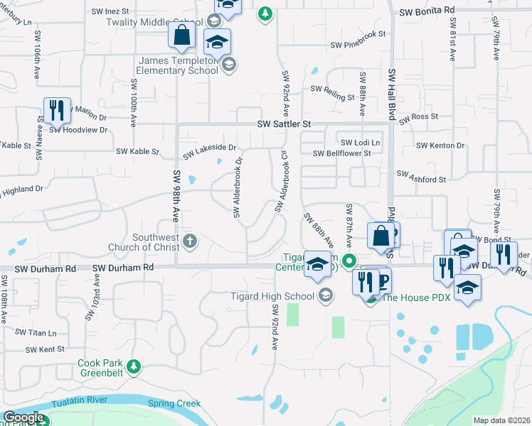 map of restaurants, bars, coffee shops, grocery stores, and more near 15700 SW Oakhill Ln in Tigard