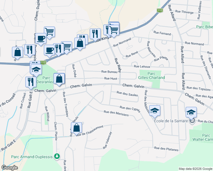 map of restaurants, bars, coffee shops, grocery stores, and more near 2188 Chemin Galvin in Sherbrooke