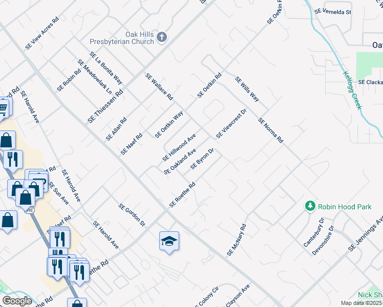 map of restaurants, bars, coffee shops, grocery stores, and more near 5304 Southeast Oakland Avenue in Portland