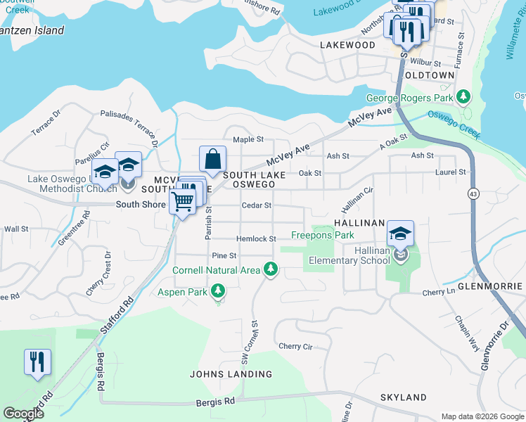 map of restaurants, bars, coffee shops, grocery stores, and more near 1228 Cedar Street in Lake Oswego
