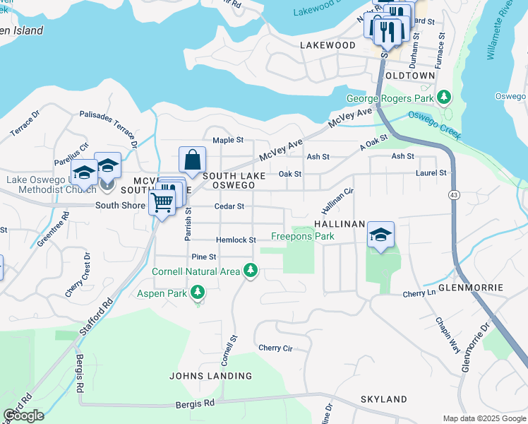 map of restaurants, bars, coffee shops, grocery stores, and more near 1118 Cedar St in Lake Oswego