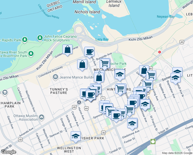 map of restaurants, bars, coffee shops, grocery stores, and more near 191 Parkdale Avenue in Ottawa