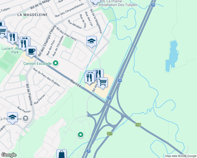 map of restaurants, bars, coffee shops, grocery stores, and more near 880 Boulevard des Prés-Verts in La Prairie